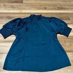 NEW Ann Taylor Mock Neck Blouse – Tile Color, Balloon Elbow Sleeves, Size LP